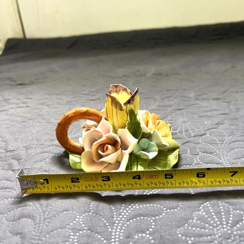 VTG Bassano Italy 4pc Porcelain Ceramic Multicolor Rose Candle Holder Rare 3”